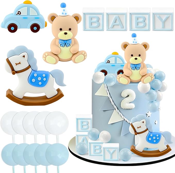MEMOVAN Blue Bear Cake Topper 17Pcs Teddy Bear Cake Decorations We Can Bearly Wait Cake Topper with Blue White Balls Car Horse for Bears Themed Baby Shower Birthday Party Supplies