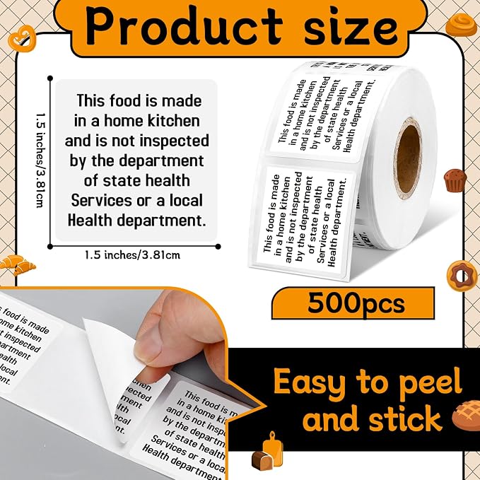 500 Count Cottage Food Law Labels Stickers Made in a Home Kitchen Decal 1.5” Square Food Stickers Thermal Printed Labels for Home Kitchen Bakery Bread Sourdough
