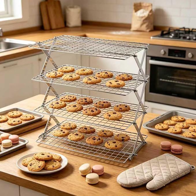 4-Tier Collapsible Cooling Rack-Adjustable Stackable Non-Stick Wire Rack for Baking,for Baking, Roasting, Cookies, Cakes, Drying, Picnic & BBQ,Silver