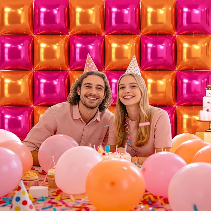 NISOCY 36PCS Rose Red and Orange Square Foil Balloons Wall Backdrop Double Sided Rose Red Orange Balloon Arch Kit for Birthday Baby Shower Valentine's Day Wedding Tropical Party Decorations