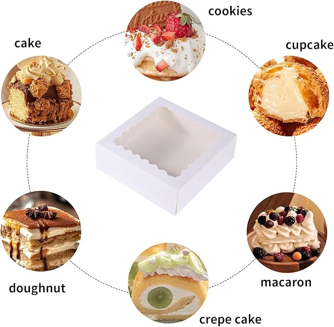 50 pcs 8x8x2.5 Inches Bakery Boxes with Window, Cake Pastry Cookie Mini Pie Box for Pastry,Dessert,Strawberries,Chocolates (White)