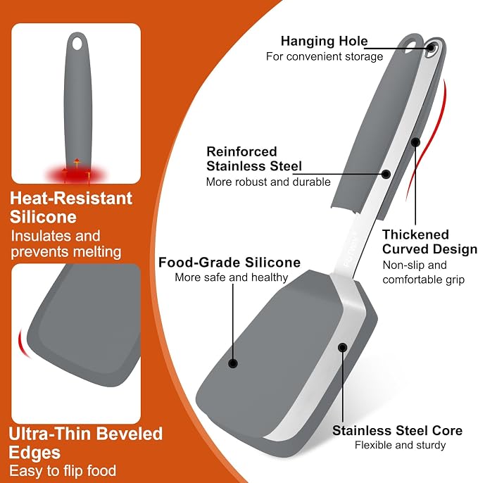 Silicone Spatula, 13 x 3.2 In, 600°F Heat Resistant (Gray) | Flexible Turner, BPA Free, Non Scratch for Non Stick Frying Pan, Kitchen Cooking, Flipping, Dishwasher Safe