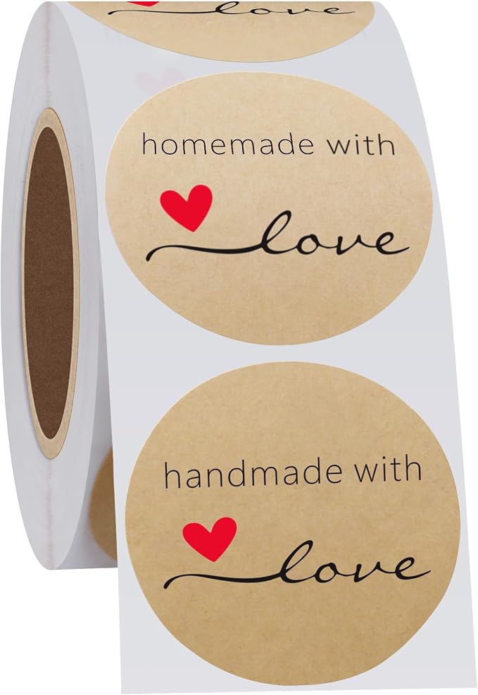 Hybsk Kraft Homemade with Love Stickers 1.5" Inch Round Total 500 Adhesive Labels Per Roll (Kraft)