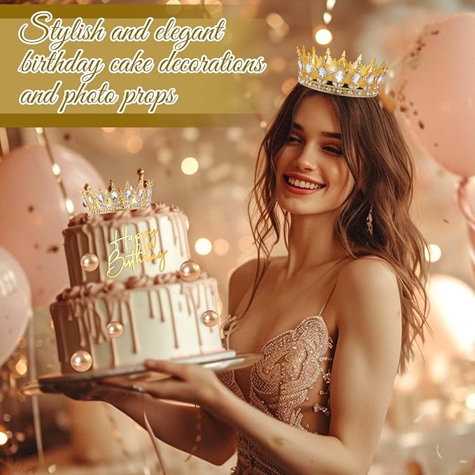 8 Pcs Gold Queen Crown Cake Topper for Women, Happy Birthday Cake Toppers Foam Balls Rhinestone Crystal Tiara Wedding Decoration for Princess Party Photo Props