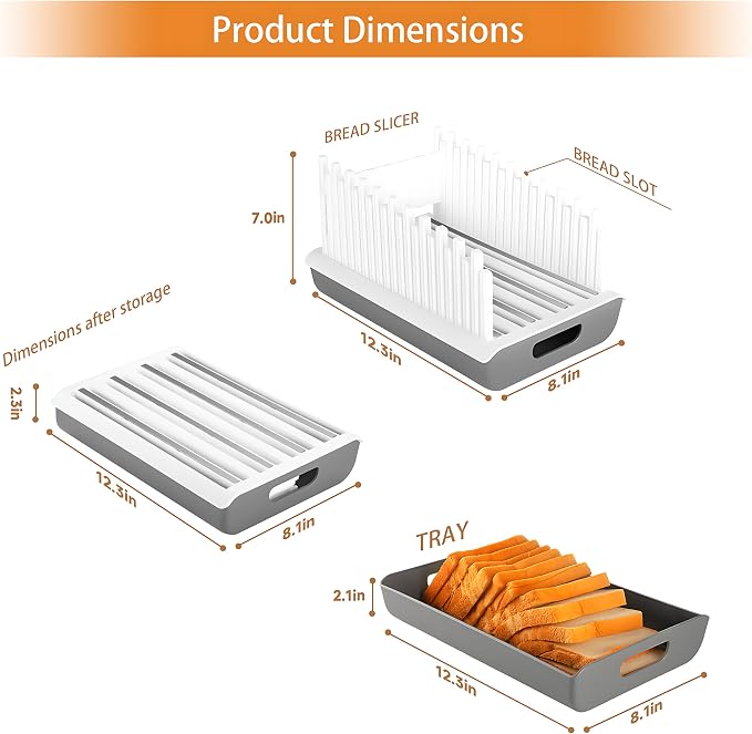 YONGAIJIA Bread Slicer Guide for Homemade Bread with 304 Stainless Steel Sheet and Storage Tray、3-Slice Thickness，Adjustable Width for Cake、Bagels、Toast.