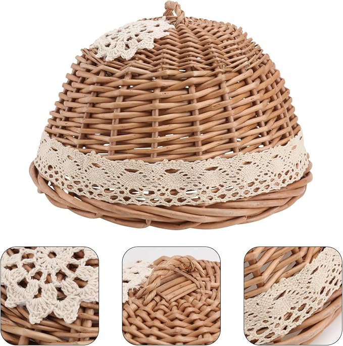 VICASKY Hand-woven Rattan Food Protecting Cover Basket, round Natural Wood Color, Kitchen Storage for Bread and Fruit, 1pcs Food Protector for Household Use