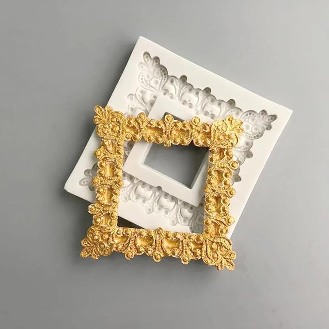 Silicone Mold Kit,Square Oval European Retro Pattern Photo Frame Silicone Mold Fondant Clay Plaster Decor Modeling Tool for Baking 9.3x9.3x0.8cm