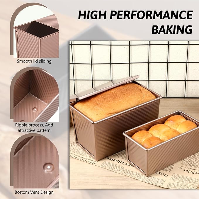 2 Pack Pullman Loaf Pan with Lid, Non-Stick Bread Pan for Sourdough | 2.2 lb & 1 lb Carbon Steel Corrugated Square Toast Tin, Carbon Steel Toast Box with Cover for Homemade Bread, Rose Gold