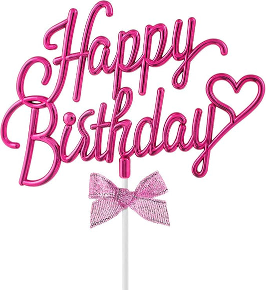Hot Pink Happy Birthday Cake Topper Plastic - 3D Double Sided Happy Birthday Sign for Cake with Bow, Idea for Cake Decoration (HOT PINK)