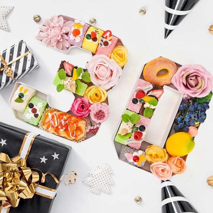 30 Set Cardboard Number for Charcuterie 10.2'' Fillable Tray Charcuterie Paper Box for 30th Birthday Anniversary Party Decorations Chocolate Candy Cupcake Container