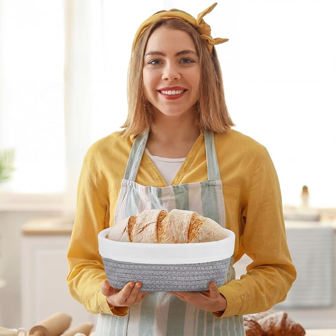 4 Pcs 10 Inch Bread Proofing Basket Set Cotton Rope Oval Banneton Basket Sourdough Bread with Liners Covers for Baking Supplies (Gray)