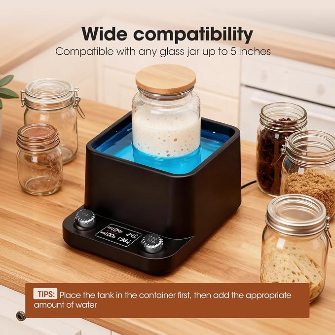 Sourdough Starter Warmer | Water Bath Precise 1°F Thermostat (70-104°F) Sourdough Warmer | For Jars Under 50oz |198-h Memory Timer |360° Uniform Heating |for Bread Baking,Yogurt & Kombucha(Black)
