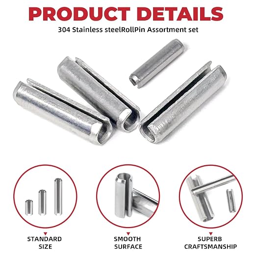 295-Piece Stainless Steel Roll Pin Assortment Kit - Spring Dowels, Slotted Tension Pins & Split Expansion Pins - M1.5 to M6 Sizes (14 Types) - Corrosion-Resistant for Secure Fastening