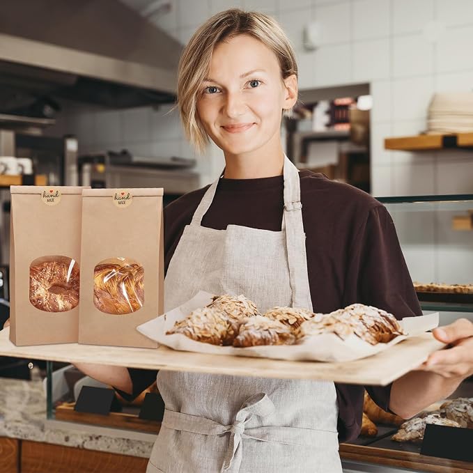 Eupako 4.5x2.36x9.6" Bakery Bags With Window - 50 PCS Brown Tin Tie Tab Lock Kraft Paper Bags for Cookies, Coffee - Includes 50 PCS Handmade Stickers