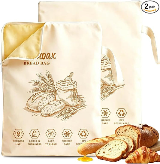 New 2 Pack Zipper Reusable Beeswax Bread Bags for Sourdough 13"x17" | Breathable BeesWax Bread Bag with Zipper, Freezer Safe Beeswax Bags for Bread, Homemade Bread Storage