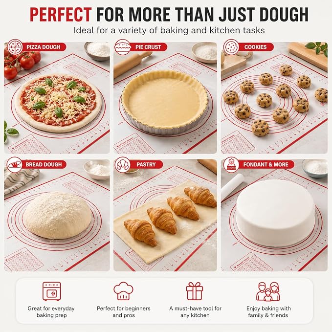 Silicone Pastry Mat 24 x 16 Inch, Non-Stick Dough Mat with Measurements | 24 x 16 inch food-grade silicone pastry mat with non-stick surface, printed guides, easy cleanup and roll-up storage.