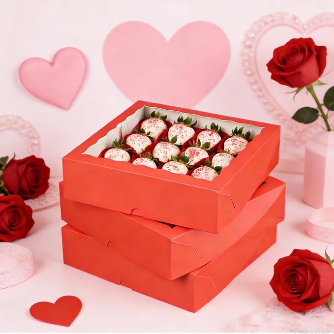 Pie Boxes Red Bakery Boxes with Window (12pcs, 9x9x2.5 Inch) for Christmas: Ideal for Pie, Cookies, Chocolate Covered Strawberries, Breakable Heart & Charcuterie