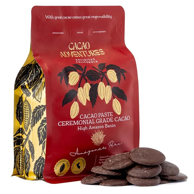 Cacao Adventures Ceremonial Grade Cacao | 100% Pure Cacao | Dairy & Vegan Free | Unsweetened | Vegan Peruvian Cacao | Pre-portioned coins · ~5g per disc · 90 mg/g lab-verified polyphenols · Awajun-farmed · Dairy-free, vegan, gluten-free