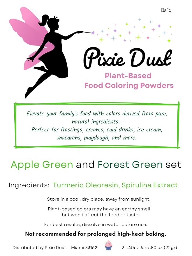 Dye Free Apple Green and Forest Green Food Coloring Powders Set. | Perfect for cake decoration, cookie frosting, icing & drinks | Plant-Based, All Natural, Kosher, Flavorles | By Pixie Dust | 2 Jars (0.40 oz / 11g Each) 22gr Total.