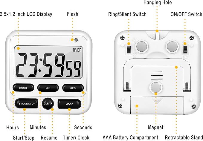 KTKUDY Digital Kitchen Timer with Mute/Loud Alarm Switch ON/Off Switch, 12-Hour Clock & Alarm, Memory Function Count Up & Count Down for Kids Teachers Cooking, Large LCD Display, Strong Magnet (White)