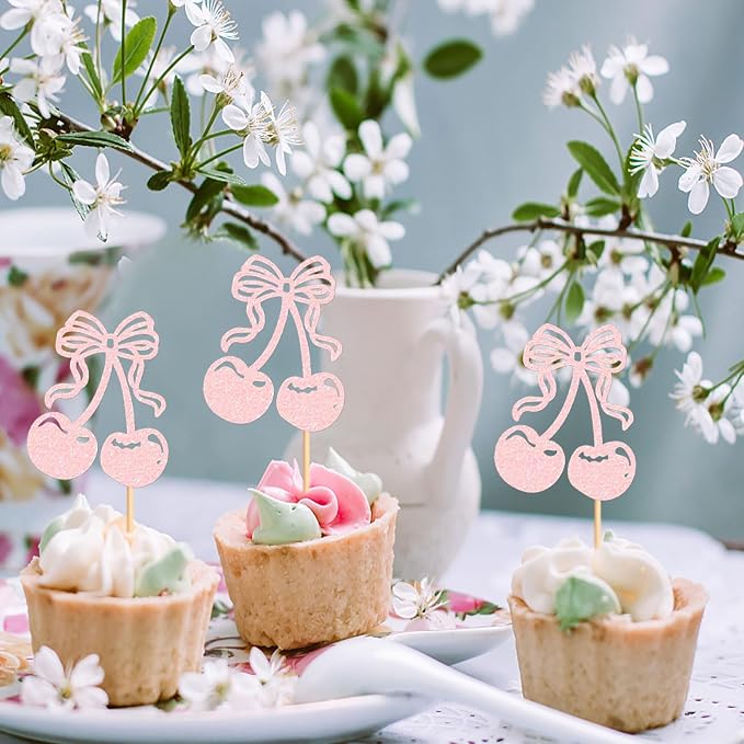 24Pcs Glitter Pink Cherry Fruit Cupcake Toppers Cherries Cupcake Picks for Fruit Theme Baby Shower She Is Cherry On Top Funny Birthday Cupcake Decorations Cherries Party Supplies