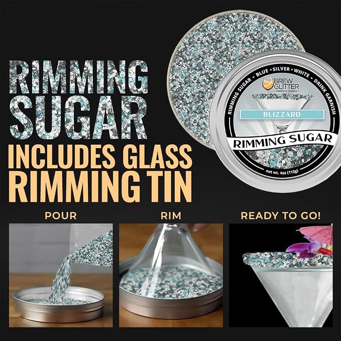 Brew Glitter Colorful Rimming Sugar Series - Blizzard (Blue, Silver & White) Cocktail Garnish for Mixed Drinks & Refreshments (4oz, 1x Bar Tin)