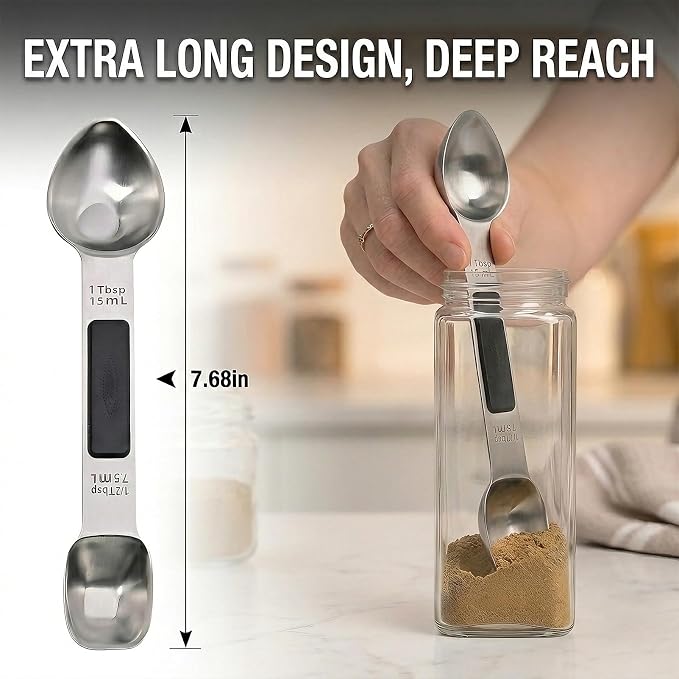 Magnetic Measuring Spoons,Stainless Steel Dual Sided Tablespoons,Extra Long Handle for Deep Jars,Heart-Shaped&Square Heads that More Easier to Excavate,Laser Markings,Non-Slip Grip(set of 5)