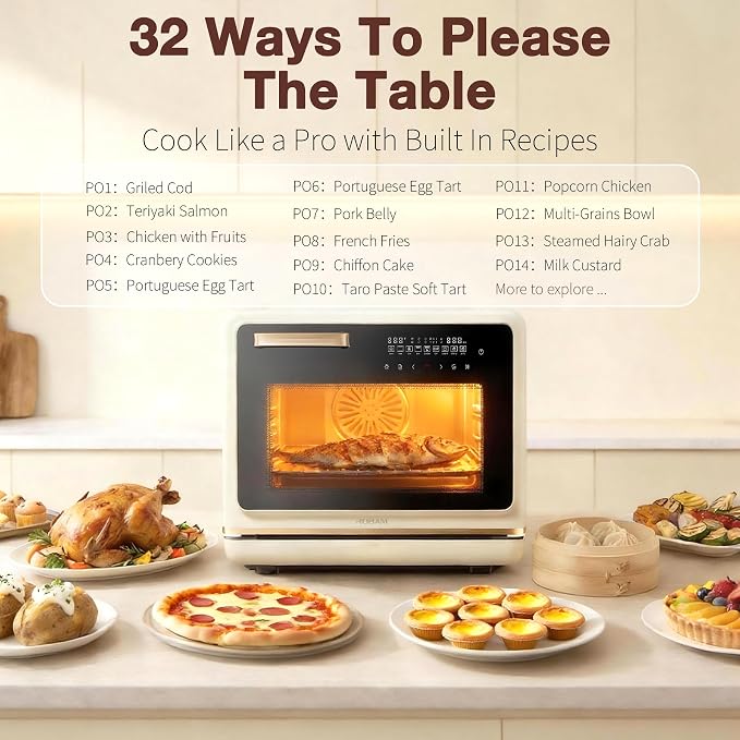 ROBAM Toaster Air Fryer Oven Combo, Countertop Convection Cooker with Bake & Fry, 1.2 Cu.Ft Large Capacity Combi Steam Oven, 32 Preset Recipes, Smart Touch Precise Temp Control, Multi-Stage CT766