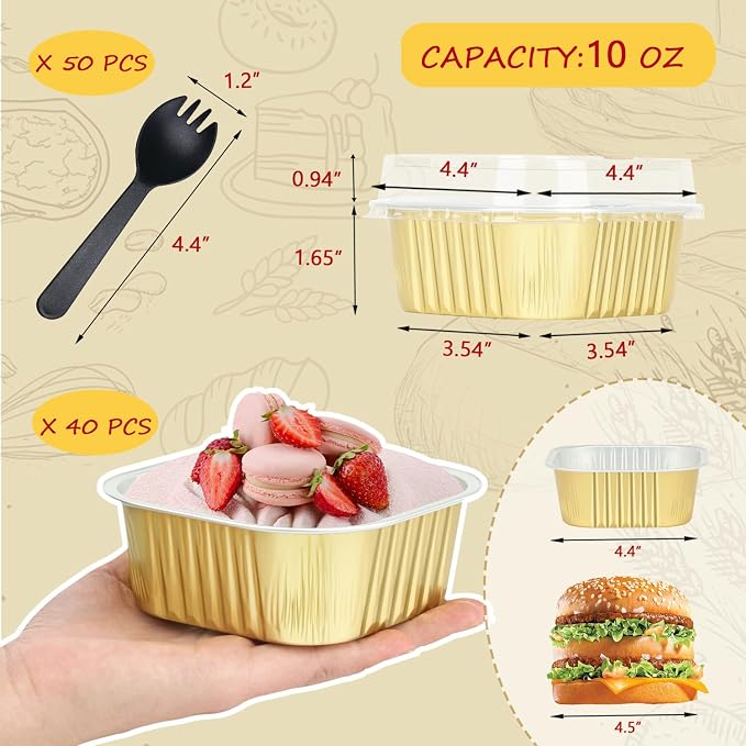 LNYZQUS Mini Cake Pans with Lids and Spoons,10oz Disposable Small Foil Baking Tins,40 Pack Individual Cake Containers for Home Bakers Bake Sales-Gold,4x4 Square