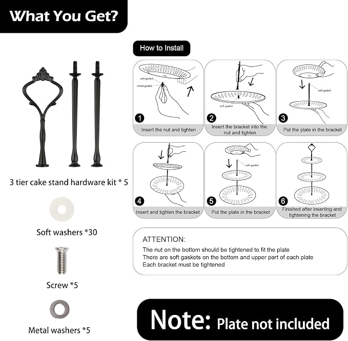 3 Tier Cake Stand Fitttings Kits Fruit Cake Plate Handle Fitting Cupcake Hardware Rod Stand Holder Black Crown 5 Sets（Plate not Included）