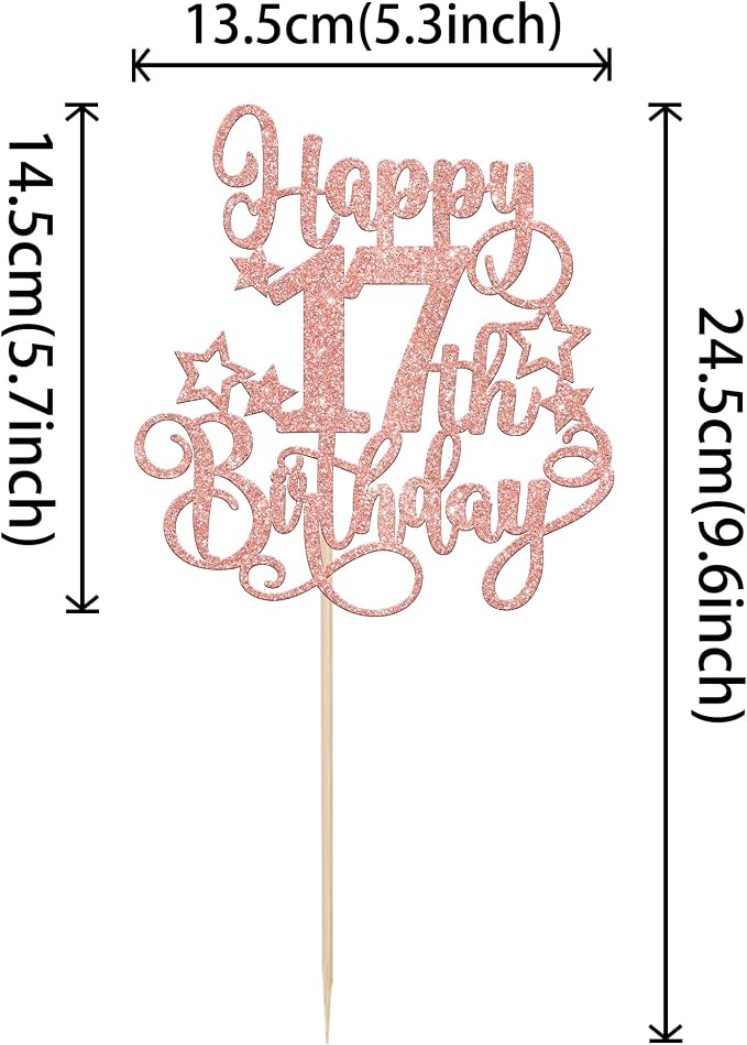 1 PCS Happy 17th Birthday Cake Topper Glitter Cheers to 17 Years Birthday Cake Pick Hello 17 Fabulous Cake Decoration for Happy 17th Birthday Anniversary Party Decorations Supplies Rose Gold