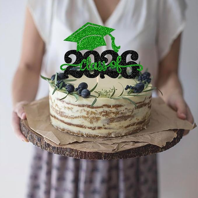 1 Pack Class of 2026 Cake Topper Glitter Congrats Grad Cap 2026 Graduation Cake Pick for 2026 Graduation Theme High School Boys Girls Graduate Party Cake Decorations Supplies Black Green