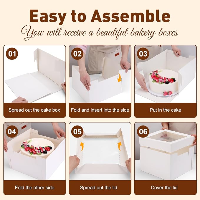 NEOACT 6 Pack Cake Boxes with Cake Boards,12x12x8 Inch White Bakery Boxes with Windown,Disposable Cakes Transport Container, Tall Cake Carrier Holder for Cakes, Pie, Cupcakes, Pastry