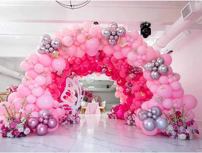 NISOCY Pink Balloons Garland Arch Kit, 18In 12In 10In 5In Different Size 124pcs Hot Pink Metallic Pink Balloons for Valentine's Day Wedding Baby Shower Princess Birthday Pink Party Decorations