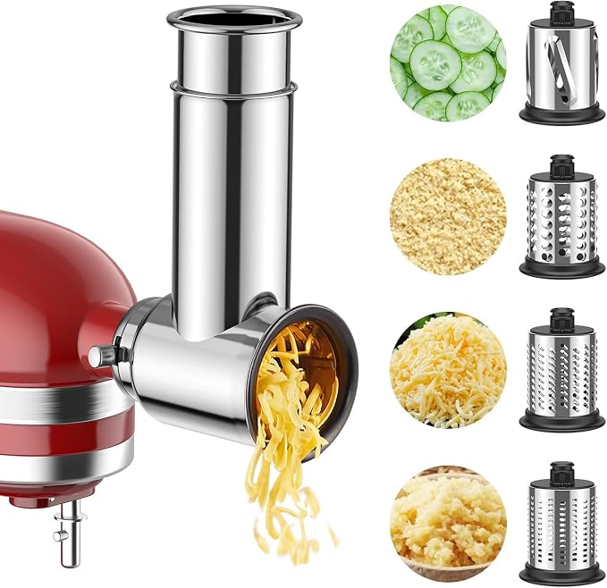 COFUN Stainless Steel Slicer Shredder Attachment for KitchenAid Stand Mixer | 4 Blades, Cheese Grater, Grinding Powder, Vegetable Slicer Shredder, Salad Maker, Dishwasher Safe