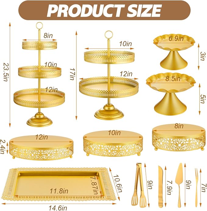 Wenqik 16 Pcs Gold Cake Stand Set Metal Dessert Display Set Tiered Cupcake Holder Square Serving Trays Round Tower Tray Platter for Wedding Birthday Party Celebration (Exquisite Style)