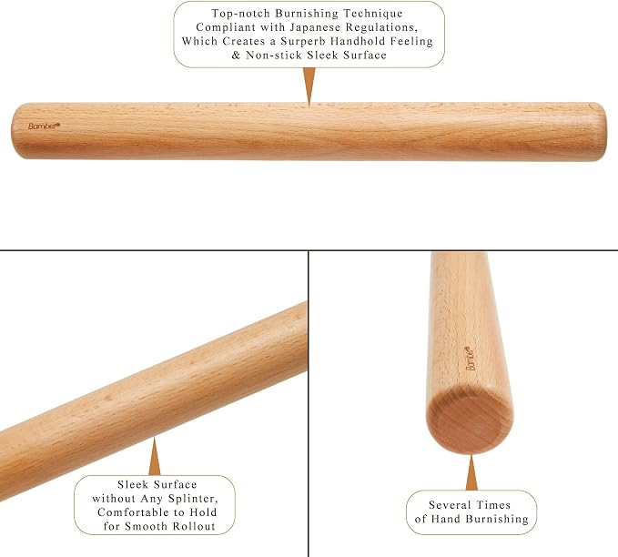 Bamber Wood Rolling Pin for Baking Large Wooden Rolling Dowel Stick Dough Roller for Cookie Dumpling Pastry Pizza Tortilla, 17.3'' by 1.6''