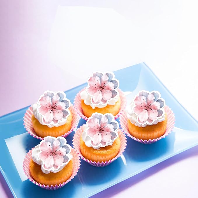 60 PCS Edible Cherry Blossoms Cake Decorations Wafer Paper Cherry Blossoms Cupcake Toppers Edible Flowers Cake Toppers for Baby Shower Kids Birthday Party Cupcake Food Decorations Supplies Pink