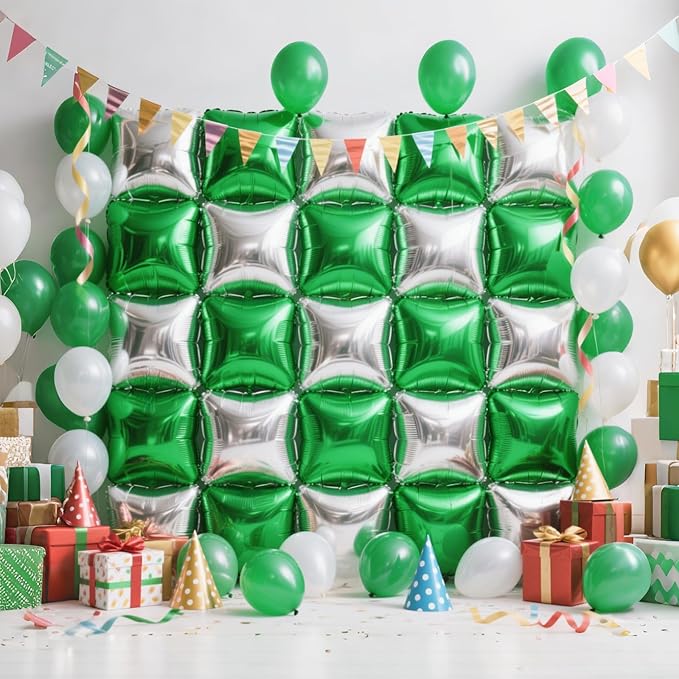 NISOCY 25PCS Green Silver Square Foil Balloons Wall Backdrop Double Sided Silver Green Balloons Arch Kit for Birthday Anniversary Graduation Forest Baby Bridal Shower Kids Party Decorations
