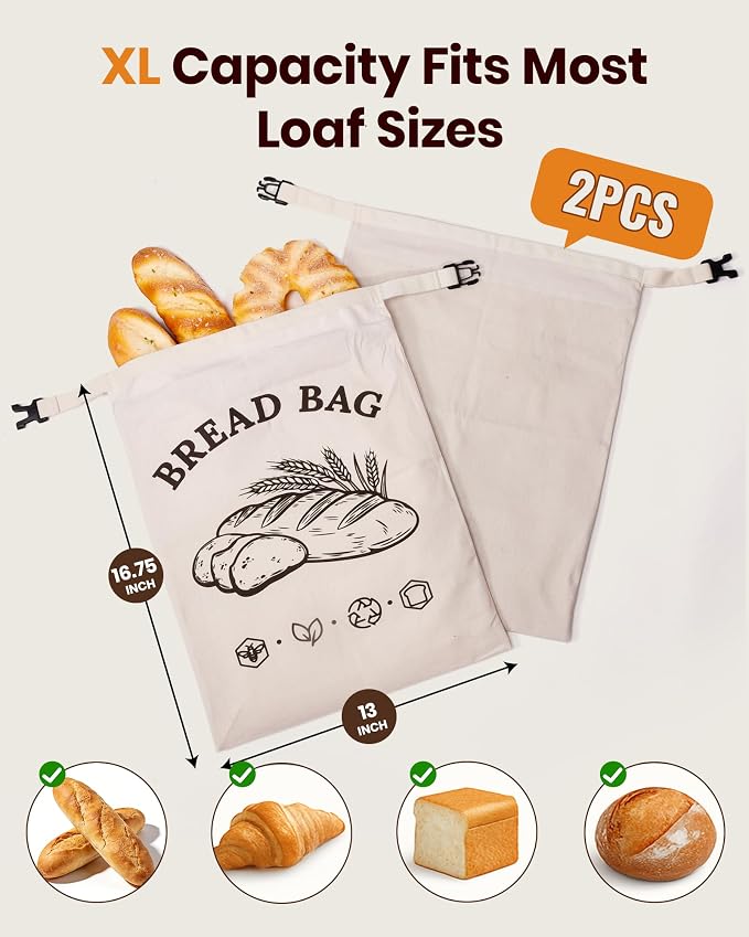 2 Pack XLarge Beeswax Bread Bags for Homemade Bread,16.75 x 13 Inch Reusable Sourdough Beeswax Bread Bags, Natural Cotton Bread Keeper to Lock in Freshness & Moisture–Eco-Friendly(European)