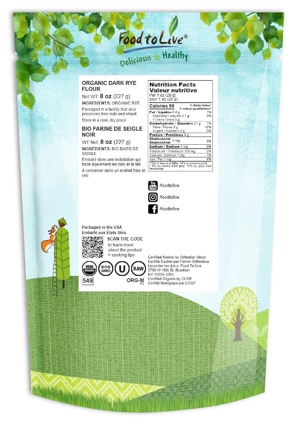 Food to Live Organic Dark Rye Flour, 8 Ounces – Whole Grain, Non-GMO, Stone Ground, Kosher, Raw, Vegan, Bulk, Great for Baking Bread, Product of the USA