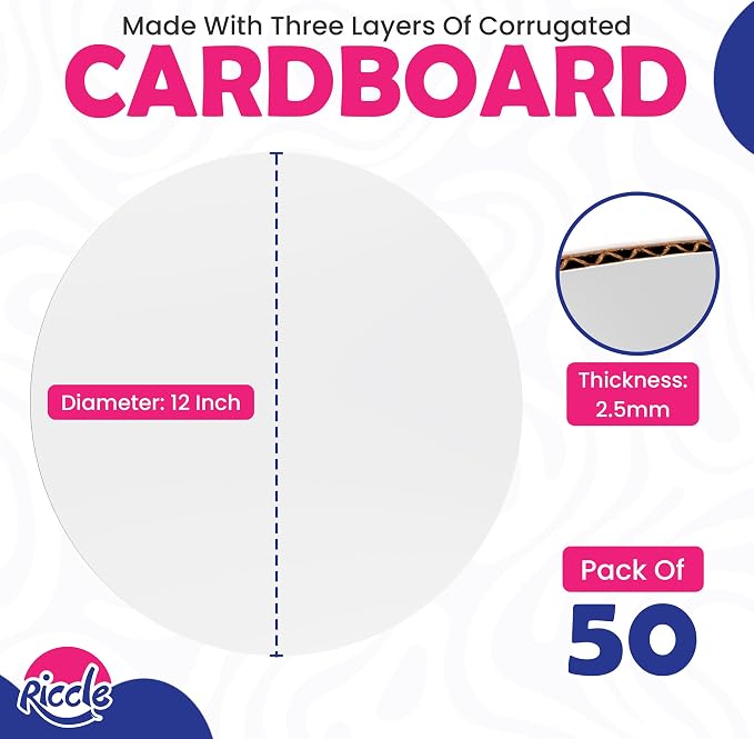 Riccle Cake Boards 12 Inch Round Pack of 50- Smooth Edged 12" Board, Disposable - Sturdy - White Cardboard Circles -Food Grade (12 Inch)