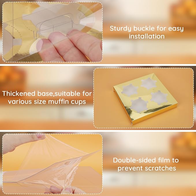 EUSOAR Cupcake Containers, 18 Pack Gold Bakery Mini Cake Take out Boxes 4 Count with Gift Ribbon, Assembly Plastic Dessert Pastry Holder Disposable Cookies Wrappers for Birthday Wedding Party Favors