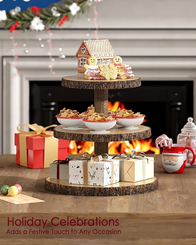 SANYOUNG Wood Cupcake Stand, 3 Tier Wooden Cupcake Tower, Large Rustic Cake Display Holder Stand for Woodland Baby Shower, Wedding, Birthday, Tea Party, Farmhouse Dessert Table Decorations
