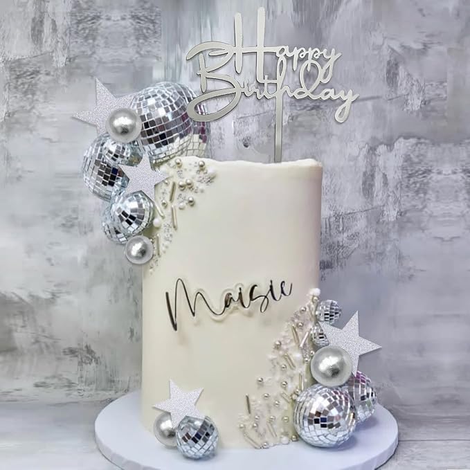 40Pcs Disco Ball Cake Toppers Silver Balls Cake Decorations with Silver Mirror Balls Happy Birthday Cake Topper Star Cake Toppers for 70s 80s 90s Disco Music Dance Themed Party Decorations Supplies