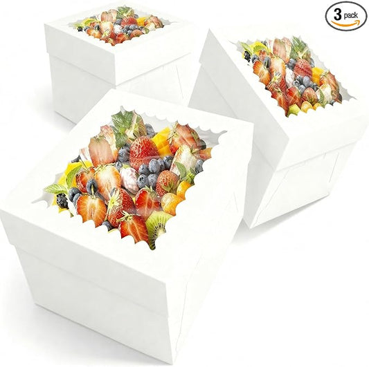 3 Pack 10x10x8 Inch White Cake Boxes with Window and Lids – Disposable Bakery Boxes for Cakes, Donuts, Pies, Cookies – Birthday, Wedding, Party Supplies