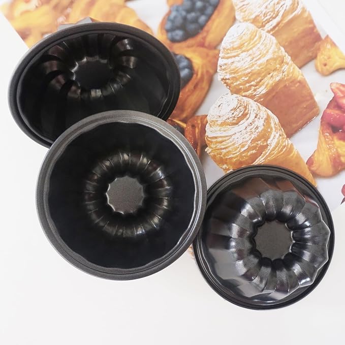 Small Fluted Cake Pan 4 Inch, Mini Round Cake Molds, Nonstick Carbon Steel Fluted Baking Pans for Cakes, Pizzas, Tarts, Pies, Muffin - 4Pcs, Black