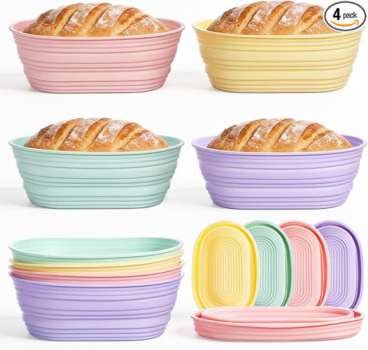 4pcs Silicone Bread Proofing Basket,10" Foldable Silicone Proofing Baskets for Sourdough Bread Baking,Non-stick Ovel Dough Proofing Bowl Sourdough Bread Baking Supplies