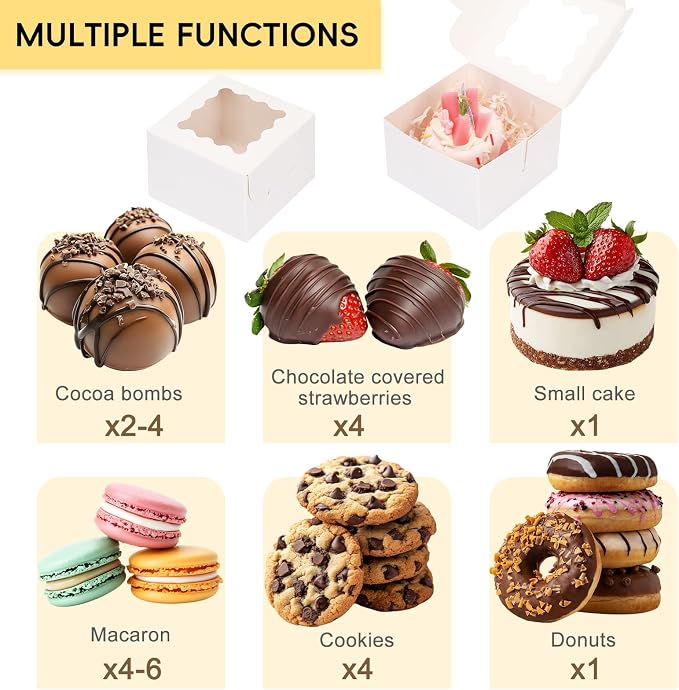 TOMNK 100pcs White Small Cake Boxes with Window, 4x4x2.5 Inch Small Cookie Boxes with Window, Bakery Boxes for Small Cake, Treats, Donuts, Candy