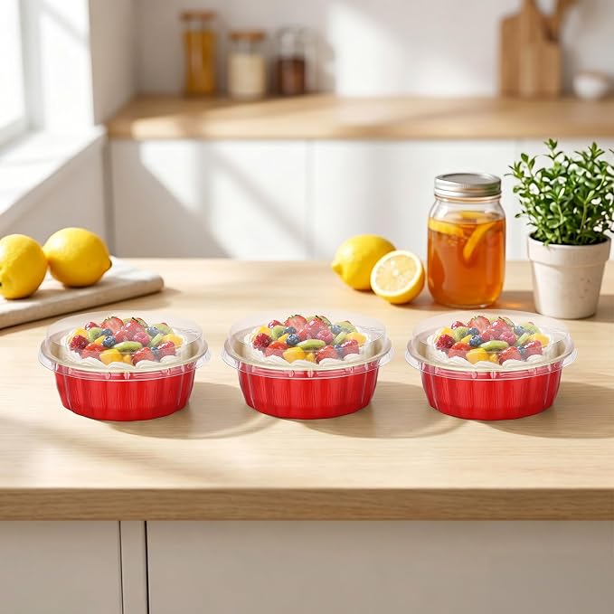 Beasea 8oz Disposable Ramekins with Lids, 120 Pack 235ml Aluminum Foil Baking Cups, Round Muffin Mini Creme Brulee Cups Tins Individual Cupcake Containers for Party Wedding - Red Gold